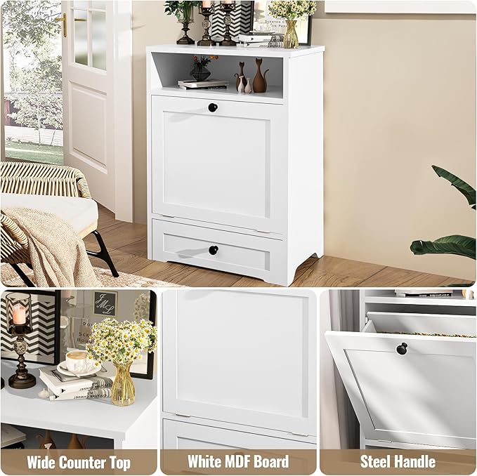 Dog Food Storage Cabinet and Feeding Station - Large Pet Food Organizer Furniture With Pull-Out Elevated 2 Sus304 Bowls for Feeding & Watering Supplies, White