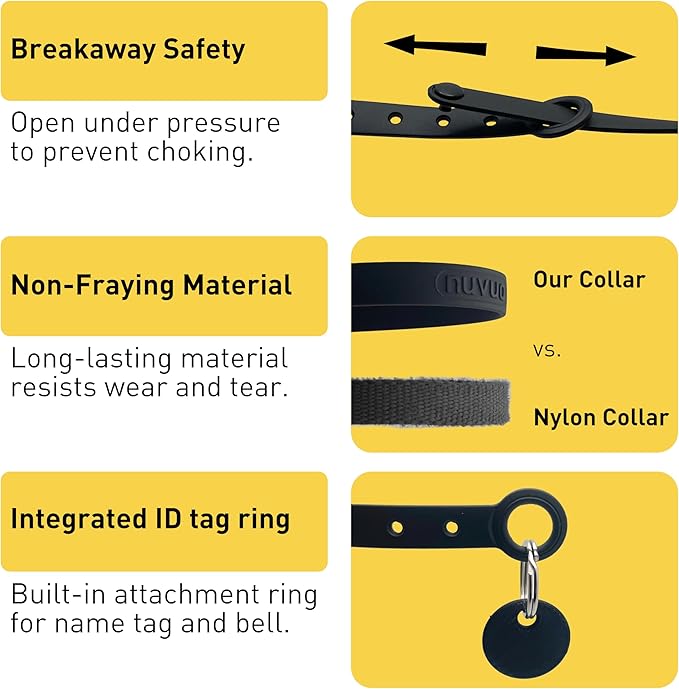 Black Cat Collar - Soft, Comfortable, and Lightweight Breakaway Collar with Name Tag Ring for Outdoor Cats and Sensitive Skin Pets by Nuvuq (6 ⅞" to 10 ¼", Black)