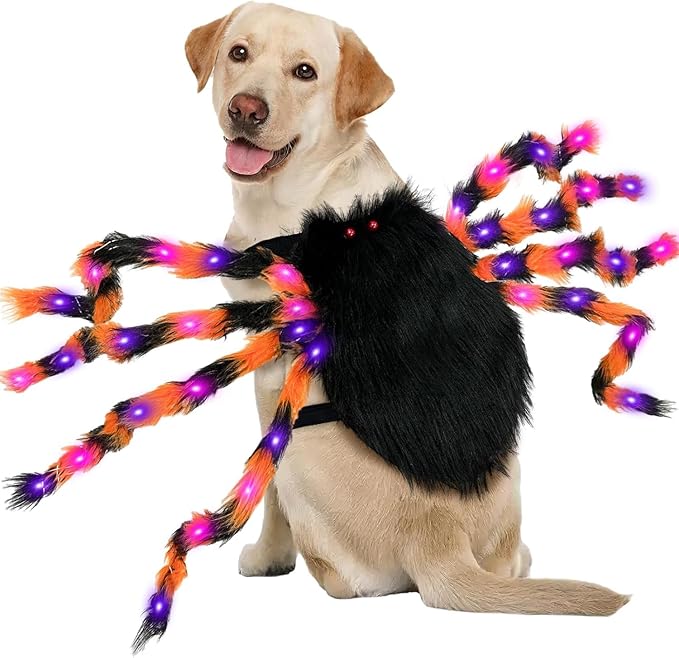 OurWarm Dog Halloween Costumes for Pets 64 LED Furry Giant Dog Spider Costume Funny Dogs Costumes for Medium Large Dogs Halloween Party Decor Puppy Pets Outfits Cosplay