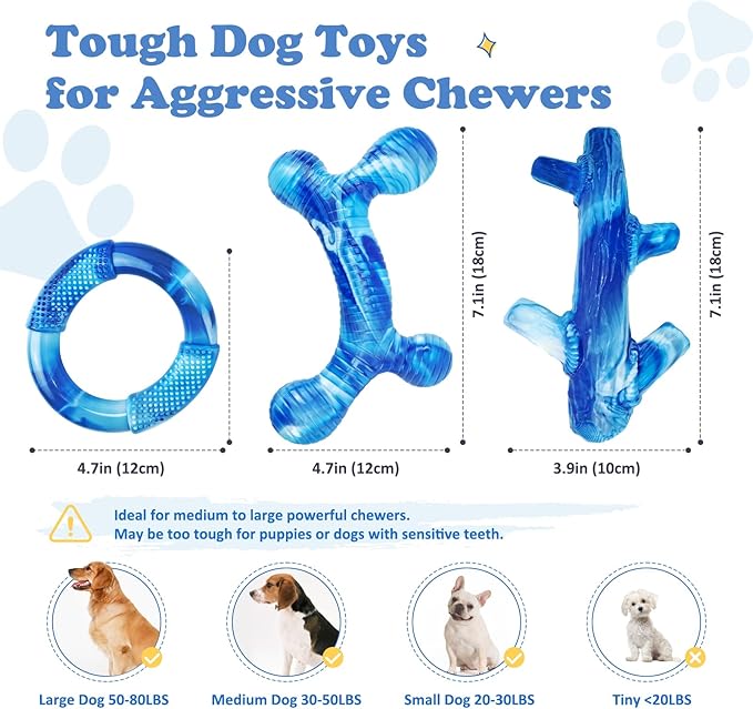 3Pack Dog Toys for Aggressive Chewers Dog Chew Toy Tough Dog Toys to Keep Them Busy Bacon Flavor Teething Chew Toys & Dental Health for Large Medium Small Breeds (Blue)