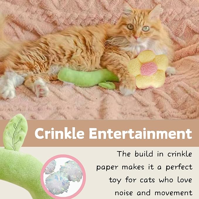 Catnip Refillable Interactive Cat Toy with Crinkle Sound, Flower Kicker Toy for Indoor Cats, Includes 6-Pack Catnip Pouches, Chew, Food Puzzle for Kitten Enrichment