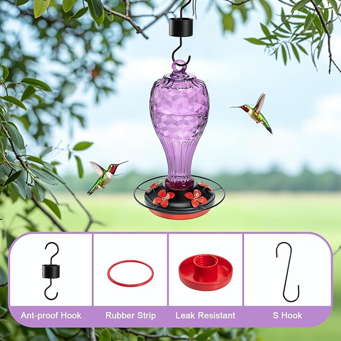 Hand Blown Glass Hummingbird Feeder for Outdoors Hanging with Ant Moat, Never Fade, 20 Ounces, Leak-Proof‌, Garden Backyard Decor for Bird Watching, for Mom Dad, Purple