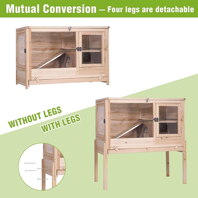 GUTINNEEN Indoor Guinea Pig Cages - Wooden Rabbit Cage Bunny Hutch with Chew-Proof Ramp, Pull-Out Tray, Leakproof PVC Layer & Detachable Legs for Rabbits, Guinea Pigs (Natural Wood)