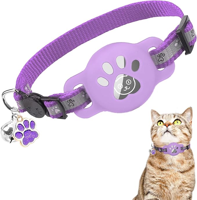 Airtag Cat Collar Breakaway, Reflective Kitten Collar with Bell and Apple Air Tag Holder, GPS Cute Cat Collar, Glow in The Dark Pet Collars for Boy Girl Cats, Kittens, Puppies, Purple
