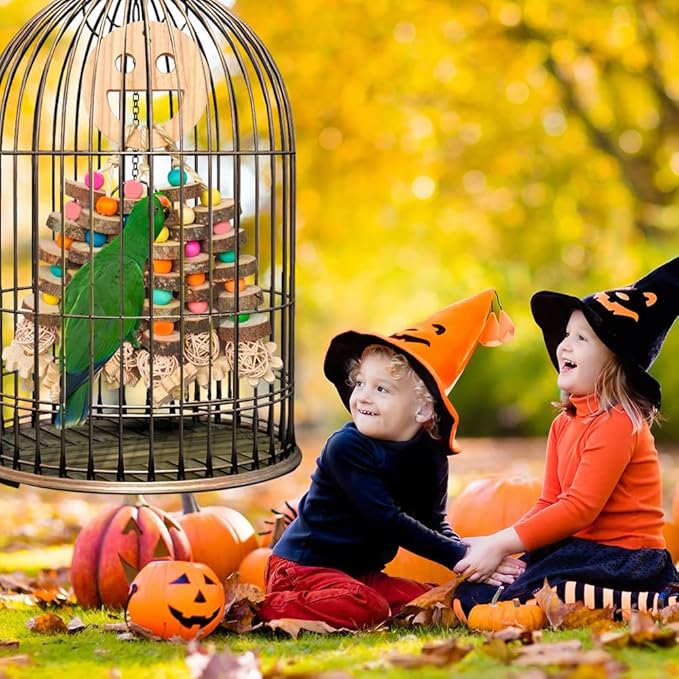 Large Parrot Toys, Multi-Color Wooden Block with Halloween Shape Bird Chewing Toy for Macaws, Cockatoos, African Grey and Large Medium Parrot Birds