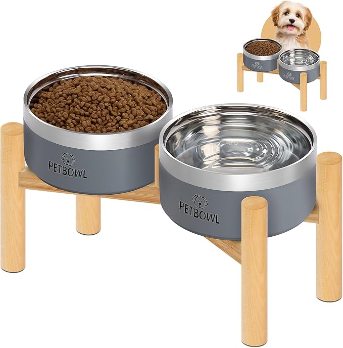 UPSKY Elevated Dog Bowls – 27oz Stainless Steel Anti-Spill Set with Wooden Stand, Double Raised Bowls for Small Dogs/Cats to Reduce Neck Strain & Improve Digestion