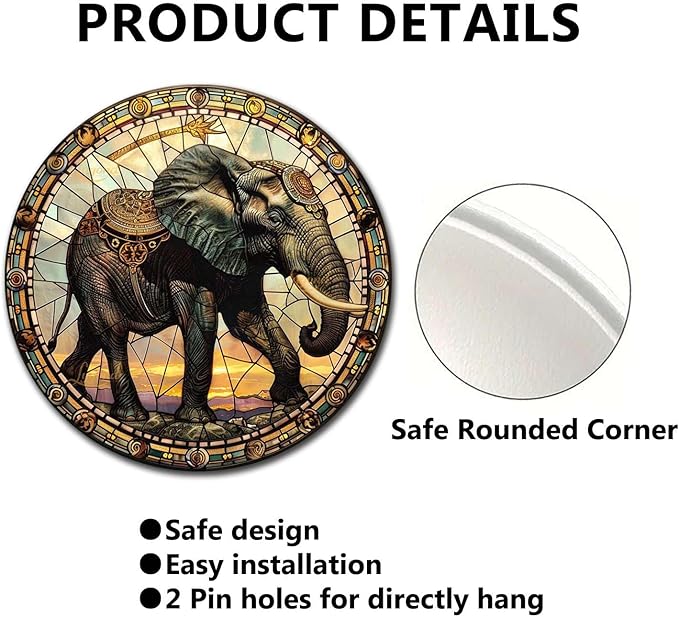 Lygond Metal Sign Tin Sign Circular Stained Glass Elephant Garden Tin Sign for Yard 8×8 Inches