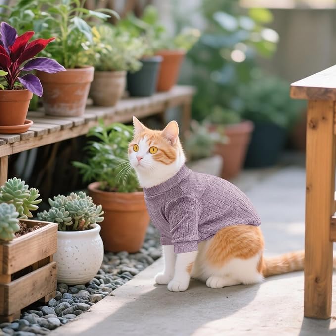 Idepet Sphynx Hairless Cats Sweater Shirt Kitten Soft Puppy Clothes Pullover Cute Cat Pajamas Jumpsuit Cotton Apparel Pet Winter Turtleneck for Cats and Teacup Chihuahua Small Dogs(Purple,L)