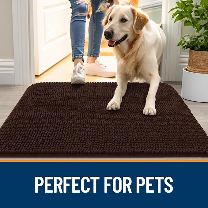 OLANLY Dog Door Mat Set 4-Piece 24x16, Absorbs Moisture and Dirt, Absorbent Non-Slip Washable Doormat, Quick Dry Chenille Mud Mat for Dogs, Entry Indoor Entryway Carpet for Inside Floor, Brown