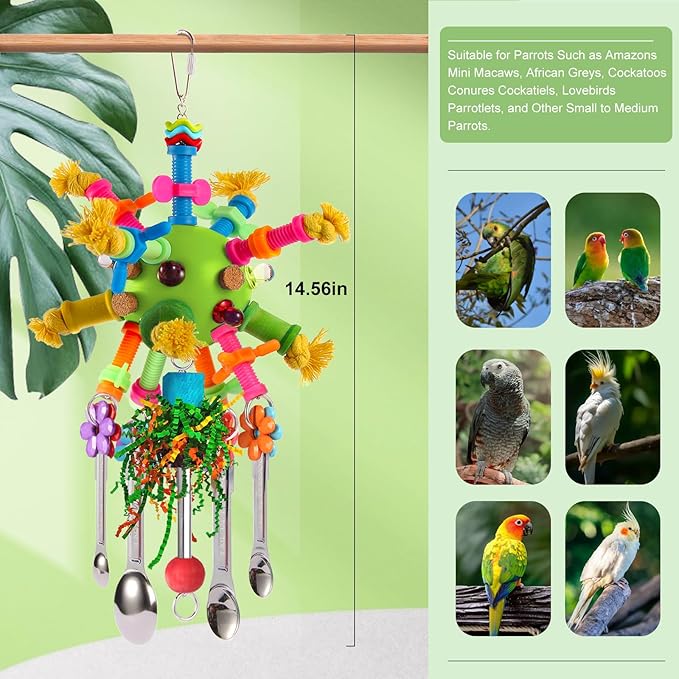 Parrot Toys Bird Toys Perch Pullable Stainless Steel Spoons Colorful Acrylic Stick Chew Toys for Amazons Mini Macaws African Greys Cockatoos Conures,Cockatiels,Lovebirds,Parrotlets and Other (green)