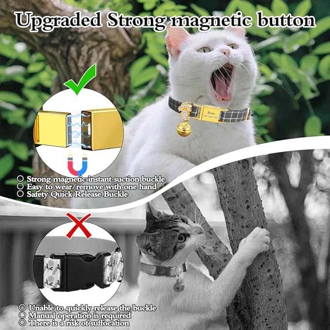 Personalized Breakaway Cat Collars - Magnetic Buckle, Bell - Safety Quick Release, Customized for Girls & Boys Cats- (Checkered-Grey)