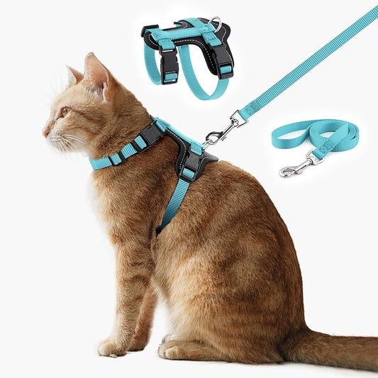 Plutus Pet Adjustable Cat Harness and Leash Set, Quick Release, Escape Proof Nylon Vest with Leather Trim for Kitten, Small Medium Large Cats, Light Blue