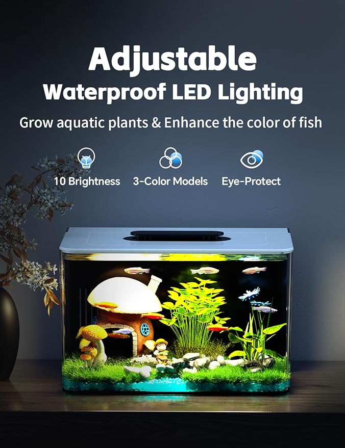 Betta Fish Tank, 2.5 Gallon Aquarium Kit with Filter, Light, Self Cleaning, Oxygenation, Small All in One Starter Fish Tank for Goldfish, Guppy, Shrimp, Desktop, Acrylic