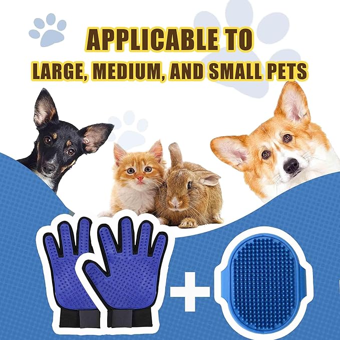 Cat & Dog Grooming Gloves - Deshedding Brush for Shedding, Gentle Pet Hair Remover & Massage Gloves for Cats, Dogs, All Fur Types (1 Brush +1 Pair Gloves)