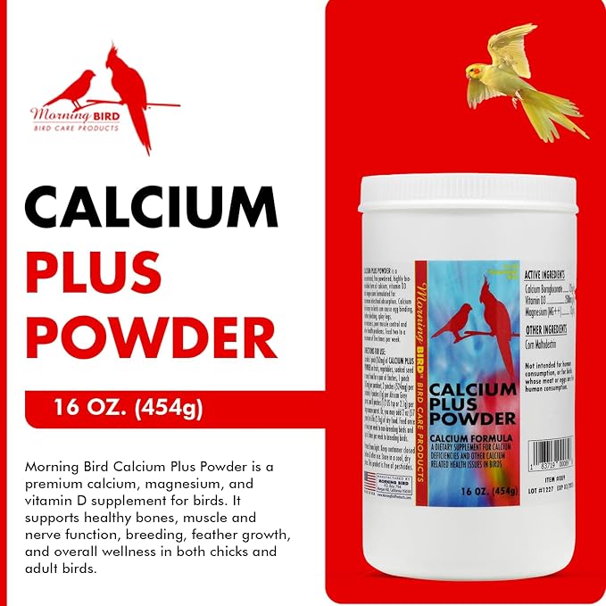 Morning Bird Calcium Plus Powder for Birds 16 oz – Calcium Supplement with Vitamin & Protein Powder – Supports Bone Health, Muscle Function & Digestive Balance – Easy-to-Mix Calcium Formula