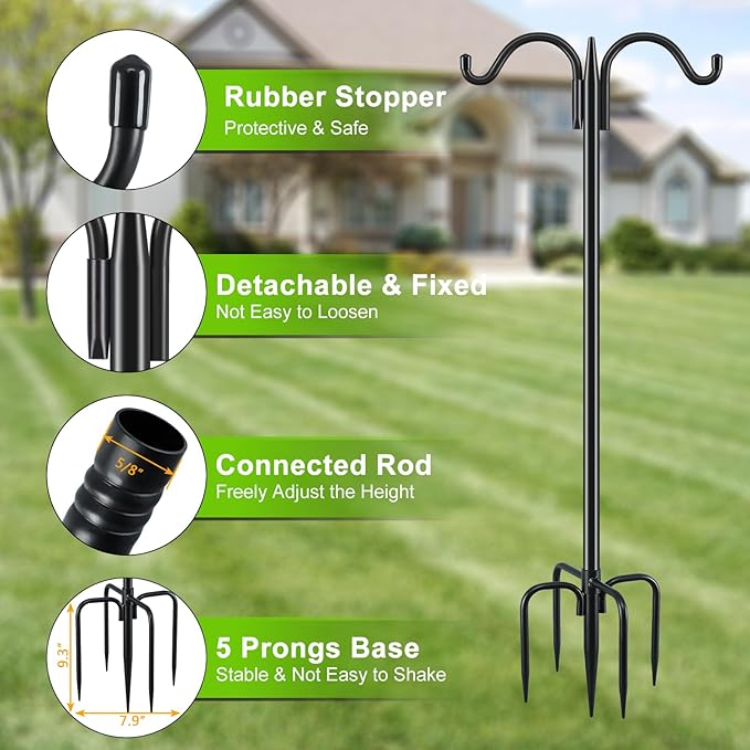 Gtongoko Double Shepherds Hook for Outdoor, 2 Pack 63 Inch Heavy Duty Bird Feeder Pole 5/8 Inch Thick Garden Hooks for Hanging Hummingbird Feeder, Plant Baskets, Solar Light Lanterns