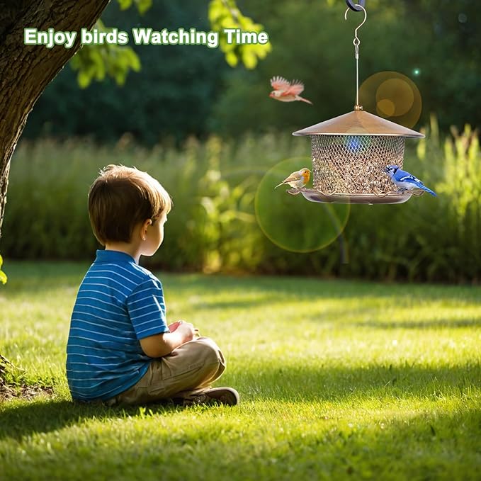 Bird Feeder for Outdoor, Weatherproof Rainproof All Metal Hanging Wild Bird Feeder with 9.8" Roof, 4.5 LBs Seeds Capacity, Easy to Clean & Refill
