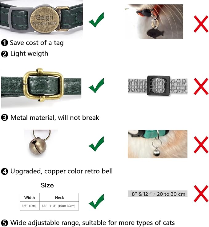 Cat Collar Breakaway, Personalized Leather Cat Collar with Bells-Adjustable Customized Collar with Name & Phone Number Tag for Girl Boy Cats -Quick Release Buckle for Cats & Kittens(Green)