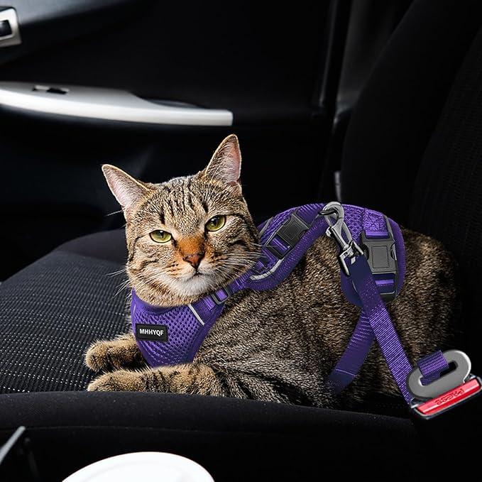 Cat Harness and Leash Set, Soft and Breathable Vest with Reflective Strip, Anti Escape Adjustable Cat Harness, Easy to Wear for Cats Walking and Traveling, Purple, M