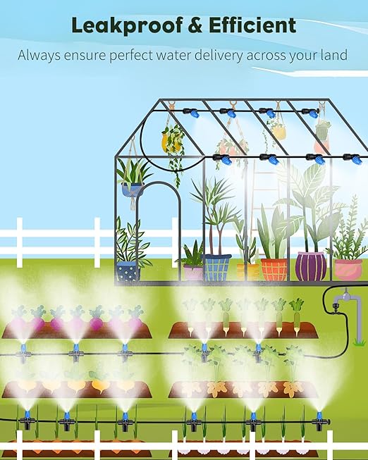 Pawfly 50ft Mist Drip Irrigation Kit - Quick-Connect Drip Irrigation System with 1/4" Tubing, Adjustable Misting Nozzles & Drip Irrigation Parts for Greenhouse, Lawn, Patio and Raised Beds