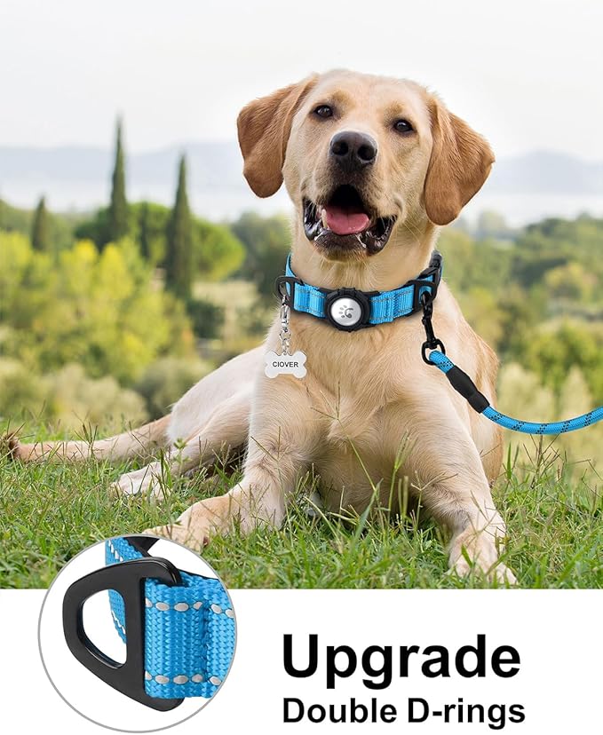 TagME Airtag Dog Collar,Waterproof Reflective Pet Collar with Airtag Holder,Soft Padded and Double D-Rings for Extra Large Dogs,Light Blue