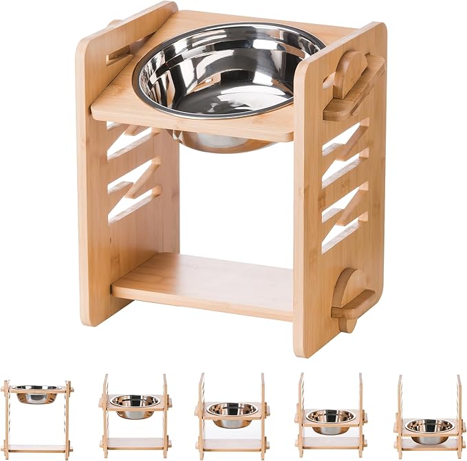 Elevated Dog Bowls, 9 Heights Adjustable Raised Dog Bowl 4.7″-11.8″, with Food Grade 304 Stainless Steel 51 OZ, Bamboo Dog Bowl Stand for Medium and Large Dogs, 1 Pack