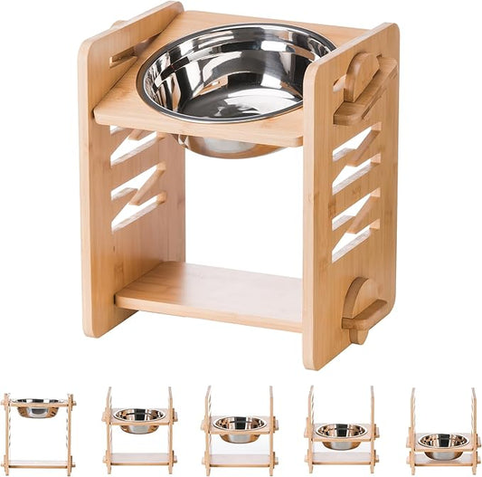 Elevated Dog Bowls, 9 Heights Adjustable Raised Dog Bowl 4.7″-11.8″, with Food Grade 304 Stainless Steel 51 OZ, Bamboo Dog Bowl Stand for Medium and Large Dogs, 1 Pack