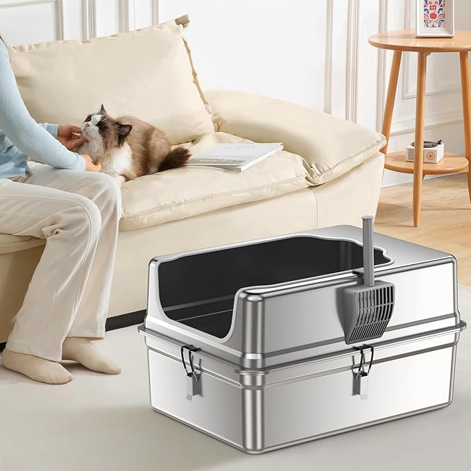 All-Metal 28" Extra Large Stainless Steel Cat Litter Boxes with Lid Metal Cat Litterbox Pan for Big Cats and Multiple Cats, Anti-Leakage, Easy Cleaning, Include Scoop