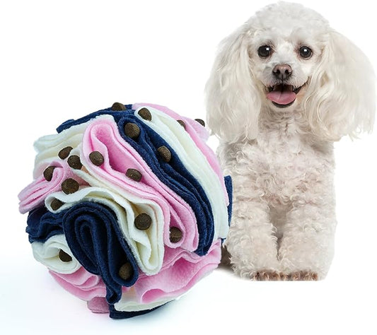 Pet Snuffle Ball, Puzzle Sniffing Interactive Dog Ball for Blind Dogs Training Stress Relief Dog Enrichment Toys Treat Machine Washable (15cm, Classic Pink Blue White)