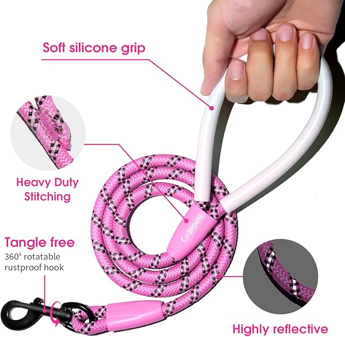 Detachable 2/5" Slip Lead, 4FT 6FT 8FT with Comfortable Silicone Handle Strong Rope Leash for Large Medium Small Dogs No Pull Highly Reflective Pet Training Leash (Pink-Black, 8FT)