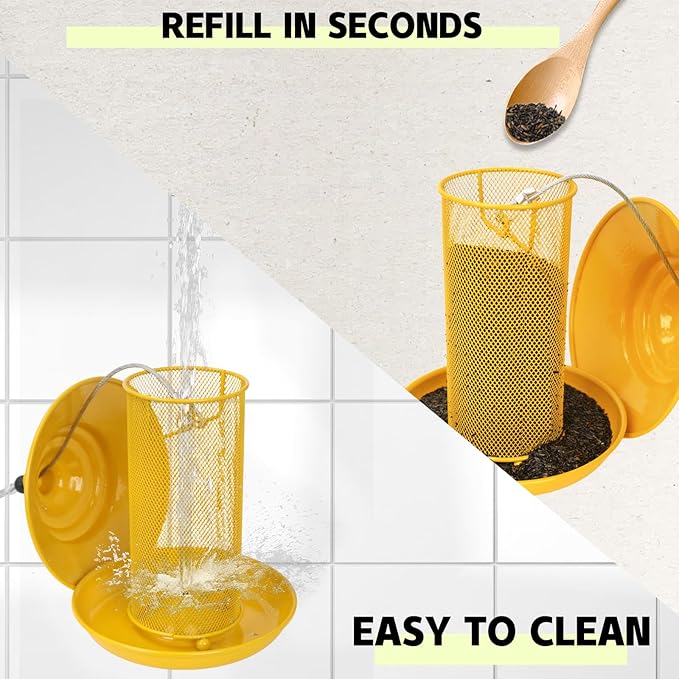 Finch Feeder - All-Metal Squirrel Proof Thistle Nyjer Seed Bird Feeder for Outdoors, 2.5LB Capacity, Powder-Coated Rust Resistant Mesh Design for Goldfinches & Small Birds Yellow