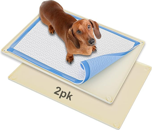 TidyFriend 2 Pk Pee Pad Holder Tray for 30” x 23” Pee Pads with Corner Lock Holes, Raised Edges, Non-Spill, Easy to Clean Silicone Dog Potty Tray Holder, for Indoor Floor Protection (Beige)