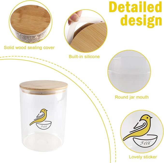 Bird Seed Storage Container,Circle Glass Bird Food Container with Airtight Wood Lid,Pet Food Storing with Birds Seed Scoop,for Wild Small Birds Food Storage,Birdfeed,Nuts(Clear)