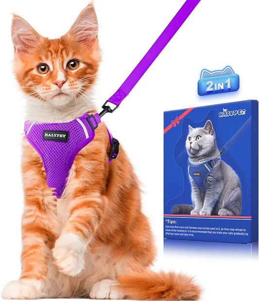 Halypet Cat Harness and Leash Set [ MAX Safety Third Generation ] Escape Proof Soft Adjustable Cat Leash Breathable Comfortable Vest Easy to Wear Kitten Harness for Outdoor Walking Purple Small