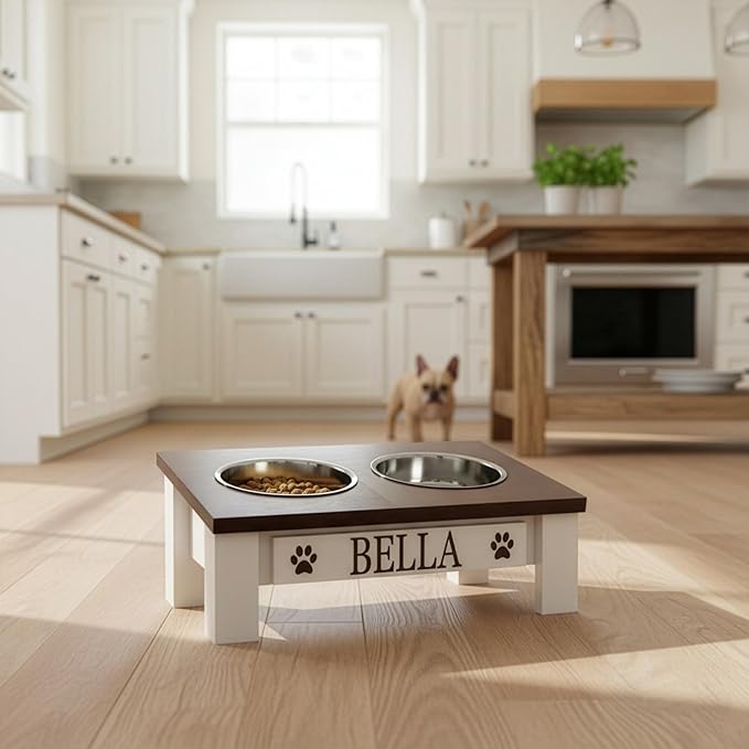 GrooveThis Woodshop Luxury Pet Feeder - Elevated Stand with Stainless Steel Bowls for Small Dogs & Cats, Anti-Slip, Easy Clean, Chic & Durable Design (Tilted, Dark Walnut)