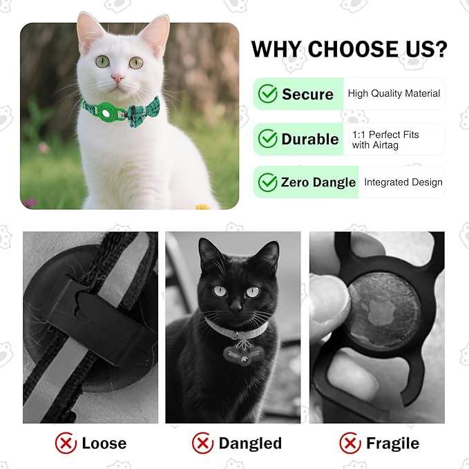 Airtag Cat Collar Breakaway with Bells and Bowtie -Upgraded Safety Kitten Collar for Air Tag Holder -Cute GPS Cat Tracker Collars for Girl Boy Cats, Kitty and Puppies, Green