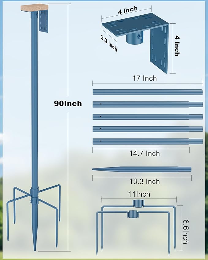 Bird Feeder Pole Stand – 90 Inch Height Feeding Station with 1-Inch Dia Heavy Duty for Hanging Feeders, Bird House Pole Mount Kit for Outdoor, Slip-Fit Connection, Blue