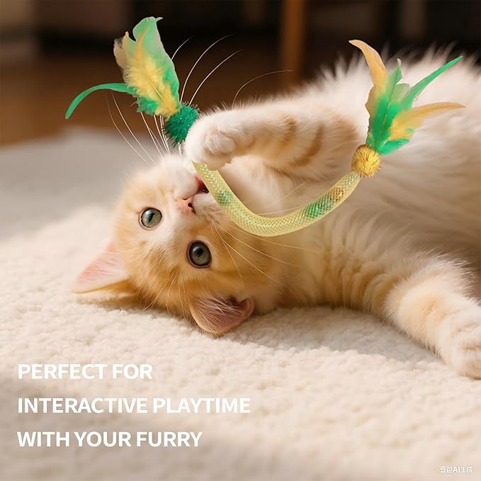 Interactive Cat Toys for Indoor Cats with Catnip – 1 Pack Feather Elastic Mesh Catnip Chew Toys with Bells and Pom-Poms, 19.5 Inch Durable Kitten Teething Toy Bundle