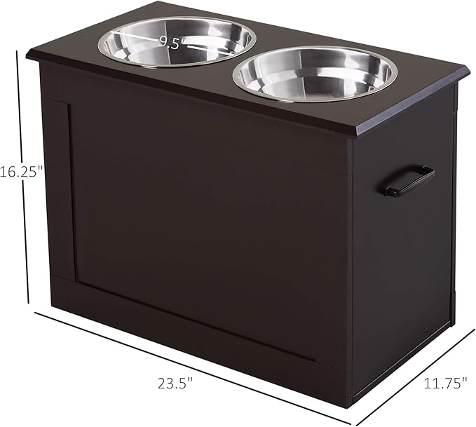 PawHut Raised Pet Feeding Storage Station with 2 Stainless Steel Bowls Base for Large Dogs and Other Large Pets, Coffee