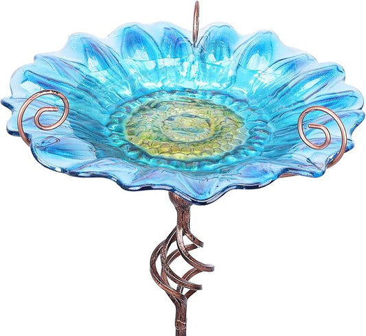 Bird Baths for Outdoors, Glass Birdbaths Outdoor Garden Birdfeeder with Metal Stake Blue (Height:31inch)