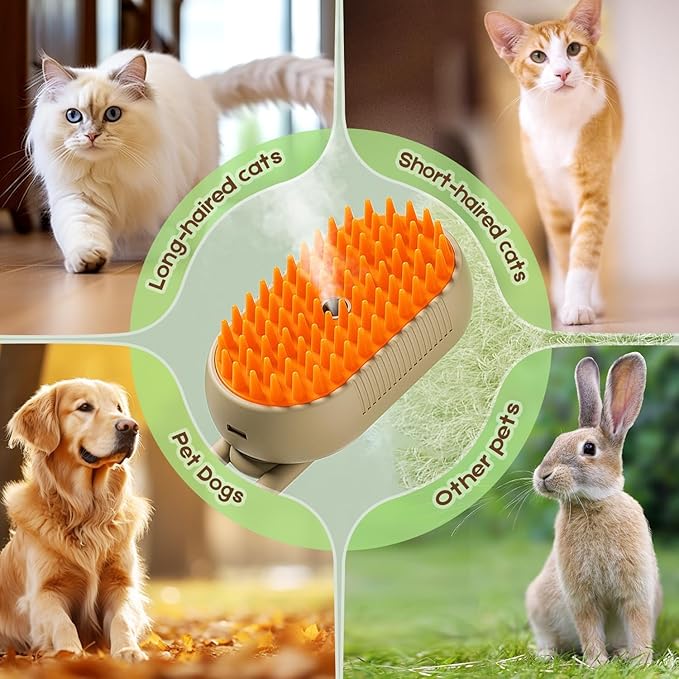 Cat Steam Brush for Shedding, 2025 New 3 in 1 Cat Brushes for Indoor Cats, Pet Steam Groomer Comb, Hair Water Brush Hair Removal Comb for Cats Dogs (Khaki)