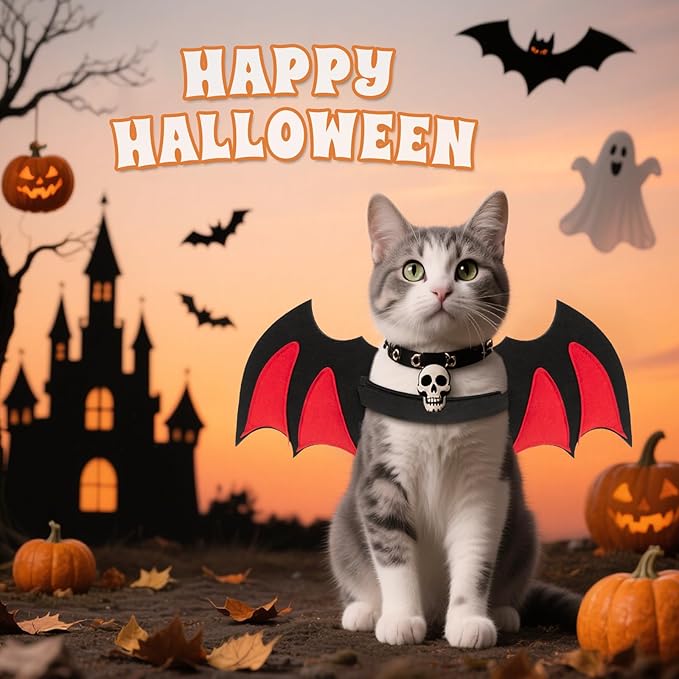 Byhoo Halloween Cat Bat Wings Costume-Sturdy Shape Without Collapsing, Essential for Halloween, Fits Kitten，Adult Cat & Small Dog