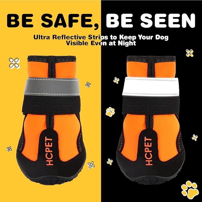 Hcpet Dog Shoes, Dog Boots for Large Dogs, Waterproof Dog Booties Paw Protector for Summer Hot Pavement, Winter Snowy Day, Outdoor Walking, Indoor Hardfloors Anti Slip Sole Orange Size 6