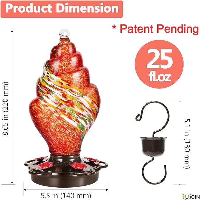 Spiral Shaped Hummingbird Feeder for Outdoors Hanging, Hand Blown Glass, 25 fl.oz, Leak Proof & Rustproof, Includes an Ant Moat, Metal Cover with 5 Feeding Ports, Red
