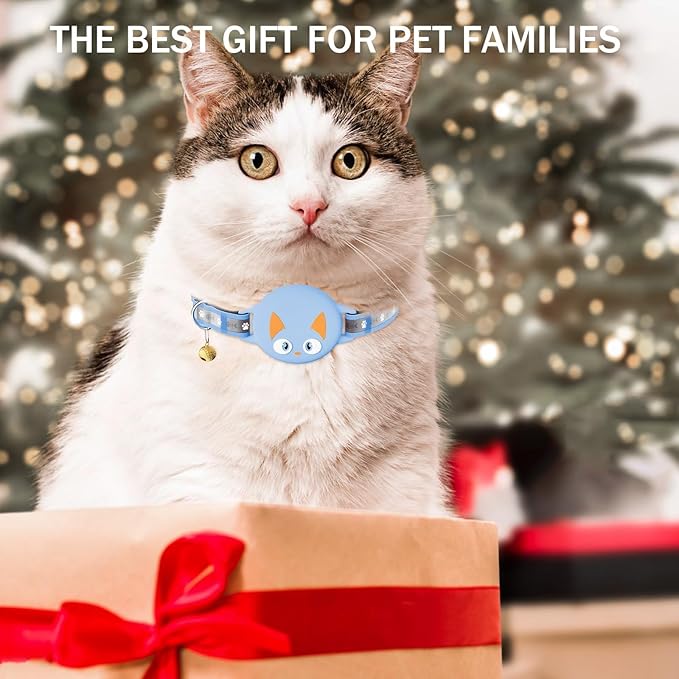 Airtag Cat Collar Breakaway, Reflective Kitten Collar with Apple Air Tag Holder and Bell for Girl Boy Cats, Lightweight Cat Collars for Apple AirTag, Hidden GPS Tracker Holder for Cats, Blue (9-13")