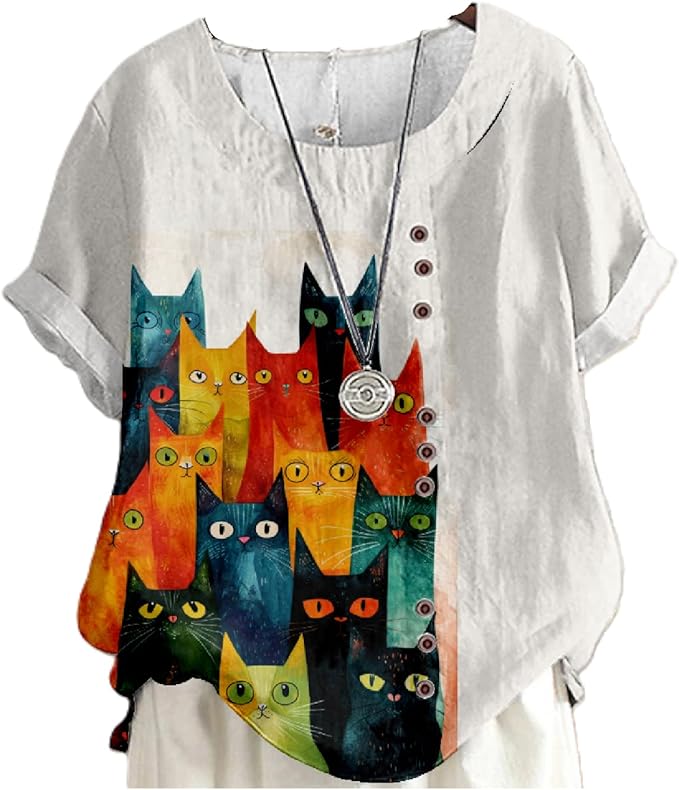 Japanese Print Women Summer Shirts Flower Bird Graphic Plus Size Tunic Tops Crewneck Short Sleeve Blouses