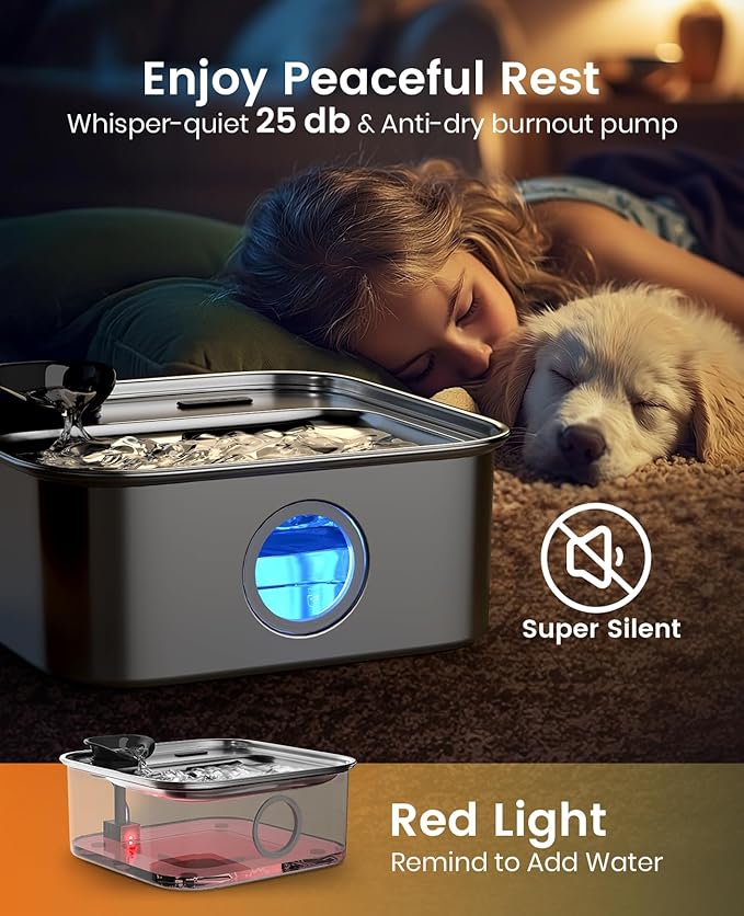 oneisall Dog Water Fountain, 2.6Gal/10L Stainless Steel Dog Water Bowl Dispenser with Deeper Drinking Aera & Washable Filter, Ultra-Quiet Pet Water Fountain for Small Medium Large Dogs(with 6 Fllters)