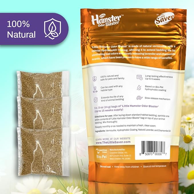 Hamster Odor Blaster | a New Generation Of Animal Bedding Deodorizer | Unique Slow Release Formula | Natural Fresh Scent - Lavender & Chamomile | Up to 15 Weeks Supply | 3 x 0.5oz bags