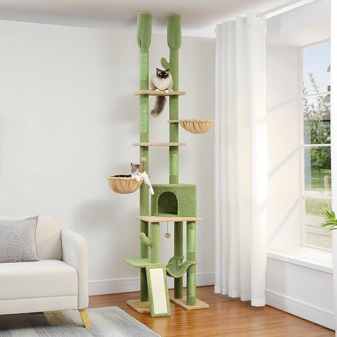 PAWZ Road Cactus Cat Tree Floor to Ceiling Cat Tower with Adjustable Height(85-112 Inches), 7 Tiers Climbing Activity Center with Cozy Hammocks, 5 Platforms and Scratching Posts for Indoor Cats