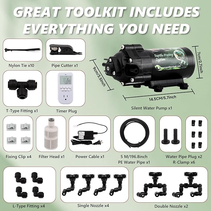 LANUEVA Reptile Humidifier, Quieter Mister Fogger for Terrarium with 4 Single Misting Nozzle + 2 Double Misting Nozzle, Automatic Spray System for Chameleon, Lizard, Snake, Frog (with Outlet Timer)
